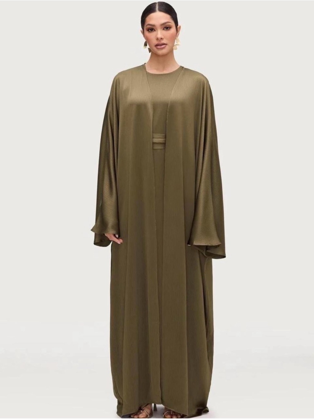 VEILED Ghada Satin Open Abaya & Dress Set in Golden Sand